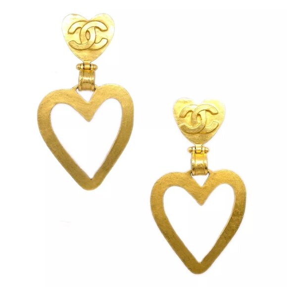 Chanel Heart Dangle Hoop Earrings Gold Clip-On - Picture 1 of 4
